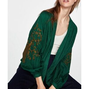 Zara green & gold jacquard floral peacock  embroidered kimono
